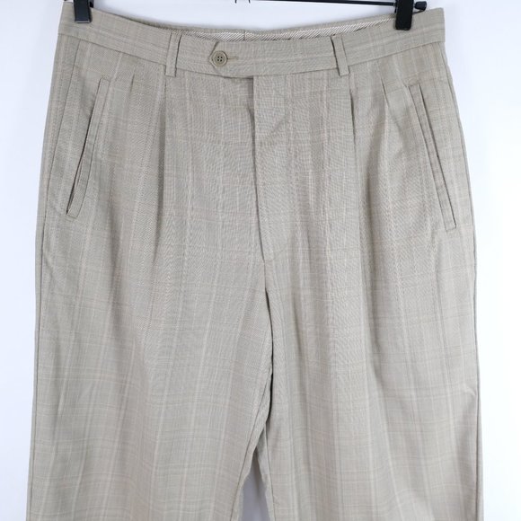 Zignone Super 110's Wool Made in Italy Tan Plaid Pleated Dress Pants 34x30 - Picture 1 of 5